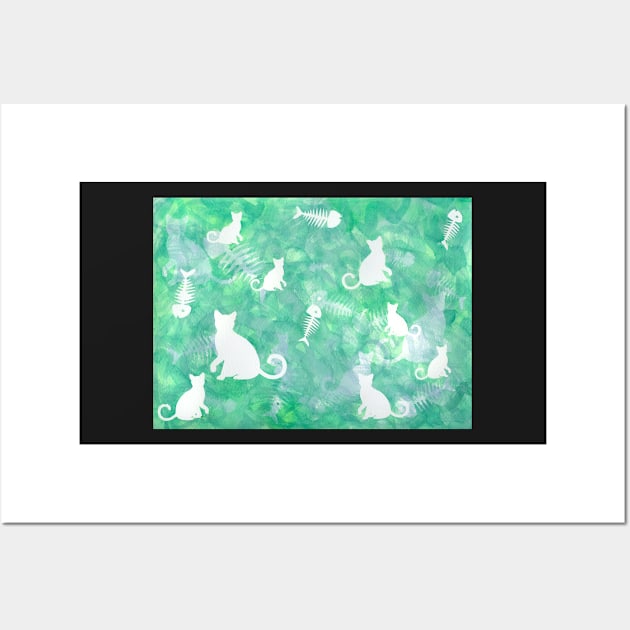 Teal Watercolor Cat and Fish Bone Painting Wall Art by gloobella